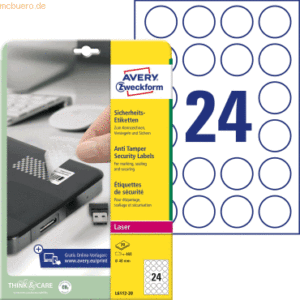 Avery Zweckform Sicherheits-Etiketten 40 mm 20 Blatt/480 Etiketten wei
