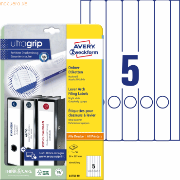 Avery Zweckform Ordner-Etiketten 38x297mm weiß 10 Blatt/50 Etiketten