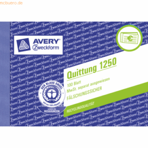 Avery Zweckform Formularbuch Quittung A6 quer VE=100 Blatt