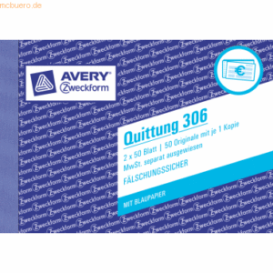 Avery Zweckform Formularbuch Quittung mit Mwst. A6 quer 2x50 Blatt