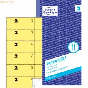 Avery Zweckform Bonbuch 105x198mm 2x50 Blatt 300 Abrisse gelb