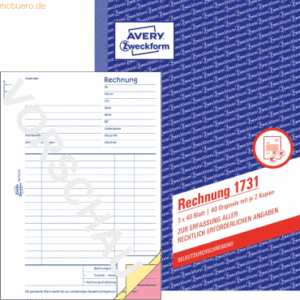 Avery Zweckform Formularbuch Rechnung A5 hoch selbstdurchschreibend VE