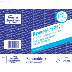 10 x Avery Zweckform Formularbuch Kassenblock A6 2x50 Blatt