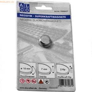 10 x Alco Superkraftmagnet Neodym Neodym (Nd) 16mm TG 2000 g silber ge