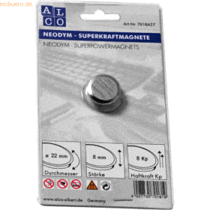 10 x Alco Superkraftmagnet Neodym Neodym (Nd) 22mm TG 8000 g silber ge