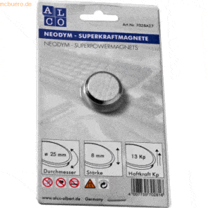 10 x Alco Superkraftmagnet Neodym Neodym (Nd) 25mm TG 13000 g silber g