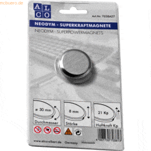 10 x Alco Superkraftmagnet Neodym Neodym (Nd) 30mm TG 21000 g silber g