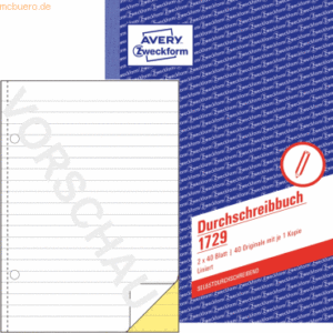 Avery Zweckform Durchschreibbuch A5 vorgelocht 2x40 Blatt