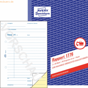 Avery Zweckform Formularbuch Rapport A5 2x40 Blatt selbstdurchschreibe