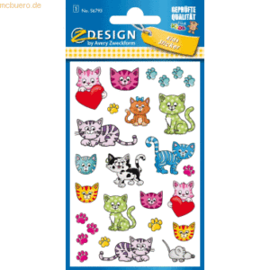 10 x Avery Zweckform Sticker für Kids Kätzchen rosa/rot/grün/blau/grau