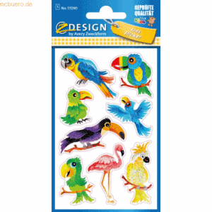10 x Avery Zweckform Glitter Stickers Vögel 8 Motive bunt 8 Stück