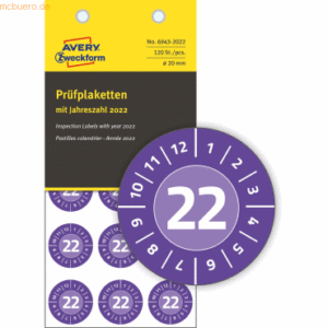 Avery Zweckform Prüfplaketten mit Jahreszahl (2022) Vinyl 20mm violett