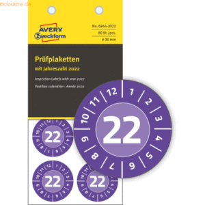 Avery Zweckform Prüfplaketten mit Jahreszahl (2022) Vinyl 30mm violett