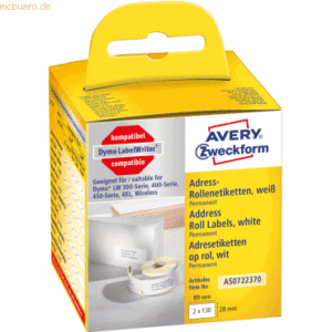 Avery Zweckform Rollenetiketten Adressieren 89x28mm VE=2x130 Stück