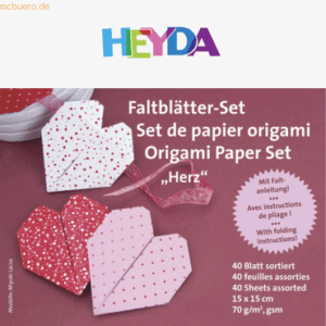 5 x Heyda Faltblatt Papier 15x15cm Herz 4 Motive / Farben sortiert VE=