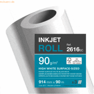 3 x Clairefontaine Inkjetpapier-Rolle satiniert 914mm x 90m 90g/qm wei