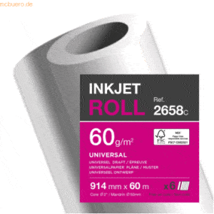 6 x Clairefontaine Inkjetpapier-Rolle 914mm x 60m 60g/qm weiß