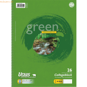 Ursus Kollegblock green A4 70g/qm kariert Lineatur 26 VE=80 Blatt