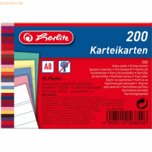 8 x Herlitz Karteikarten A8 170g/qm liniert farbig sortiert VE=200 Stü