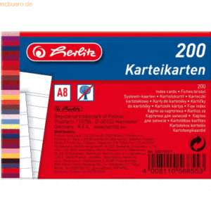 8 x Herlitz Karteikarten A8 170g/qm liniert weiß VE=200 Stück