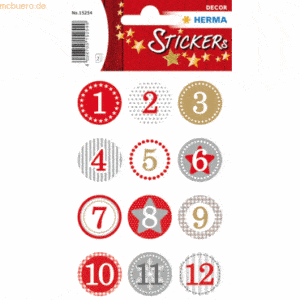 10 x HERMA Schmucketikett Decor Adventskalender 1-24 Rot 2 cm 2 Blatt