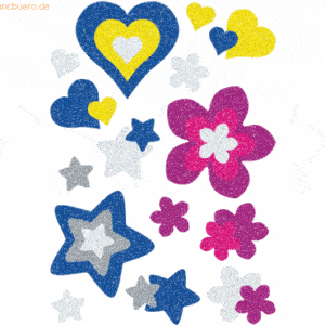 10 x HERMA Sticker Magic Herzen Sterne+Blumen Glittery VE=1 Blatt