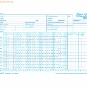 100 x RNK Urlaubs- und Fehltagekarte A5 Wochentage-Einteilung 2021