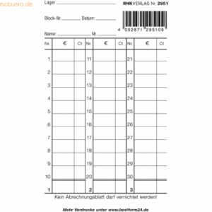 10 x RNK Kassenzettelaufrechnungsblock 85x148mm 50 Blatt
