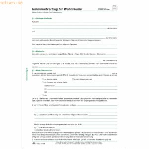 RNK Untermietvertrag für Wohnräume 4 Seiten A4 VE=10 Stück
