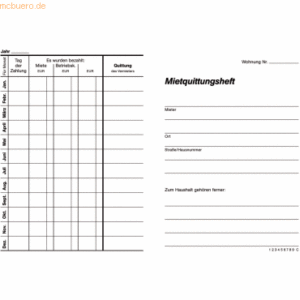 5 x RNK Mietvertragsheft A6 16 Blatt für monatliche Zahlungen 1 Jahr/S