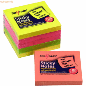 6 x Snopake Haftnotizen Neon-farbig Mini 100 Blatt 76mmx76mm
