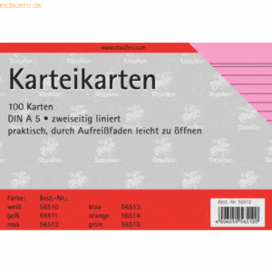 Staufen Karteikarten A5 180g/qm liniert rosa VE=100 Stück