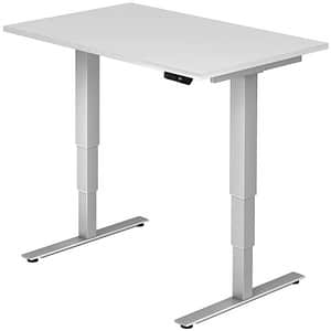 HAMMERBACHER XDSM12 höhenverstellbarer Schreibtisch weiß rechteckig T-Fuß-Gestell silber 120