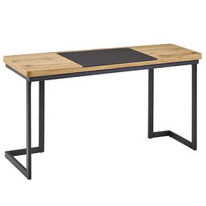 WOHNLING Schreibtisch 140 cm mit integrierter Unterlage Schwarz Schreibtisch braun Trapezform Bügel-Gestell schwarz 140