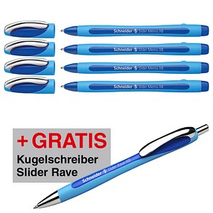 AKTION: 4 Schneider Kugelschreiber Slider Memo blau Schreibfarbe blau + GRATIS Schneider Kugelschreiber Slider Rave blau