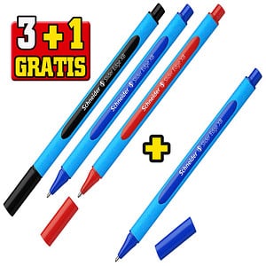 3 + 1 GRATIS: 3 Schneider Kugelschreiber Slider Edge blau Schreibfarbe farbsortiert + GRATIS 1 Kugelschreiber Slider Edge blau