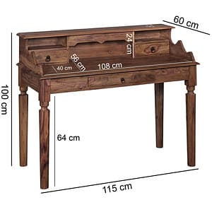 WOHNLING Schreibtisch 115 cm sheesham Sekretär braun rechteckig 4-Fuß-Gestell braun 115