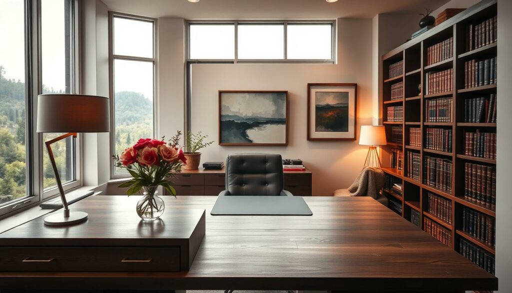 A cozy, well-appointed office space with personalized touches. A large wooden desk in the foreground, accented by a sleek, modern lamp and a vase of fresh flowers. The middle ground features a bookshelf filled with leather-bound volumes, and a framed abstract painting hangs on the wall. The background showcases floor-to-ceiling windows, allowing natural light to flood the room and provide a scenic view of a lush, verdant landscape outside. Warm, indirect lighting illuminates the space, creating a inviting and productive atmosphere. The overall design seamlessly blends professional functionality with personal style, reflecting the unique personality and preferences of the office's occupant.