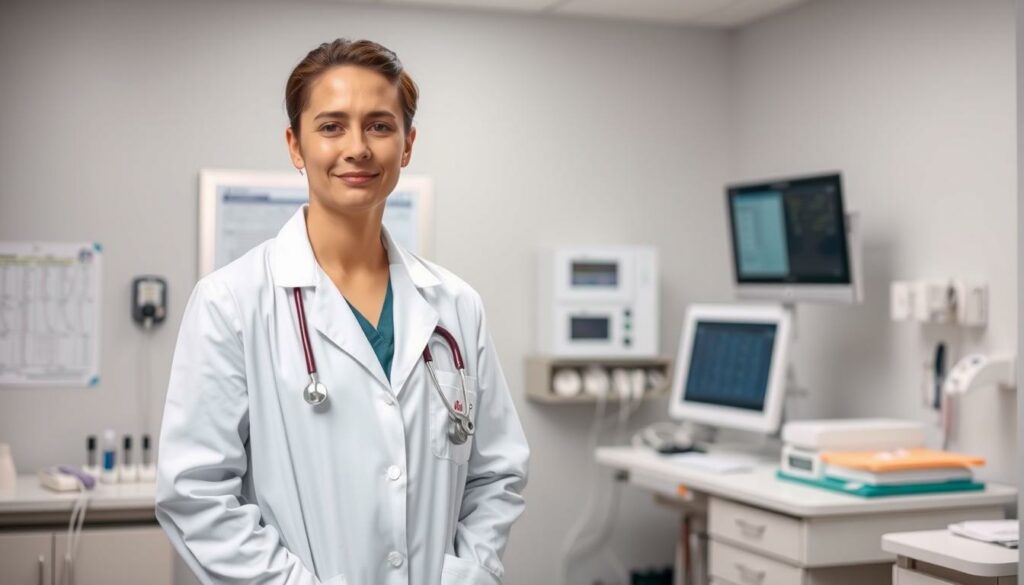 A medical assistant dressed in a crisp white lab coat stands in a well-lit examination room, surrounded by medical equipment and supplies. The assistant's expression is calm and professional, as they prepare to greet a patient. In the background, a medical chart and a computer monitor suggest the use of digital technology in the modern healthcare setting. The lighting is soft and indirect, creating a soothing atmosphere. The overall scene conveys the attention to detail, organization, and patient-centric care that characterize the medical assistant profession.