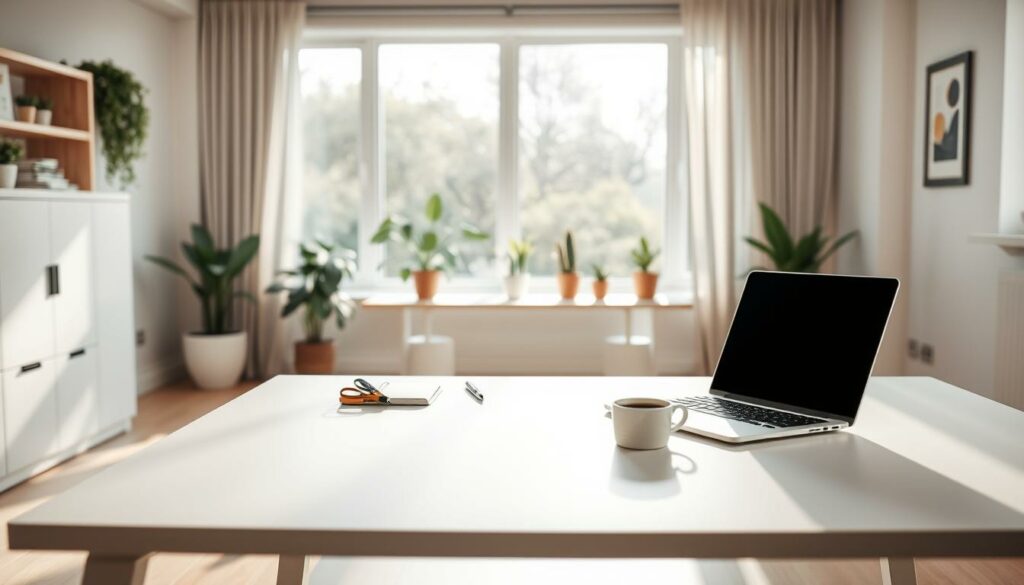 A minimalist home office with a sleek, modern desk in a neutral color palette. The desk is positioned in the foreground, with a clean, uncluttered surface and a laptop, a pen, and a cup of coffee on it. In the middle ground, there are a few office supplies neatly arranged, such as a notebook and a pair of scissors. The background features a large window with natural light streaming in, creating a bright and airy atmosphere. The room is decorated with a few potted plants, adding a touch of greenery and warmth to the space. The overall mood is one of productivity, efficiency, and a well-organized workspace.