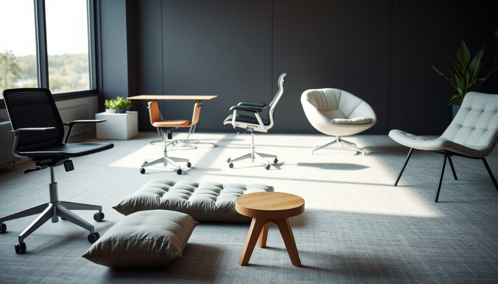 A modern, minimalist office space with various alternative seating options arranged in a visually appealing layout. In the foreground, a sleek, adjustable kneeling chair, a plush floor cushion, and a sturdy wooden stool. The middle ground features a stylish ergonomic balance ball chair and a minimalist fabric-covered lounge chair. The background showcases a large window overlooking a serene outdoor scene, bathing the room in natural light. The overall atmosphere is one of calm, productivity, and a refreshing departure from the traditional office chair.