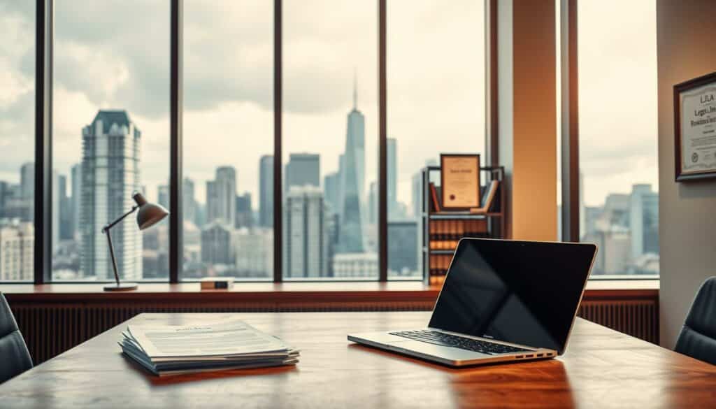 A modern office interior with a large window overlooking a cityscape. In the foreground, a wooden desk with a laptop, documents, and a desk lamp. On the desk, a stack of papers representing legal requirements and regulations. The middle ground features a bookshelf filled with legal volumes and a framed certificate on the wall. The background showcases the cityscape outside the window, with skyscrapers and a cloudy sky. The lighting is warm and natural, creating a professional and authoritative atmosphere. The camera angle is slightly elevated, giving a sense of importance and attention to detail.