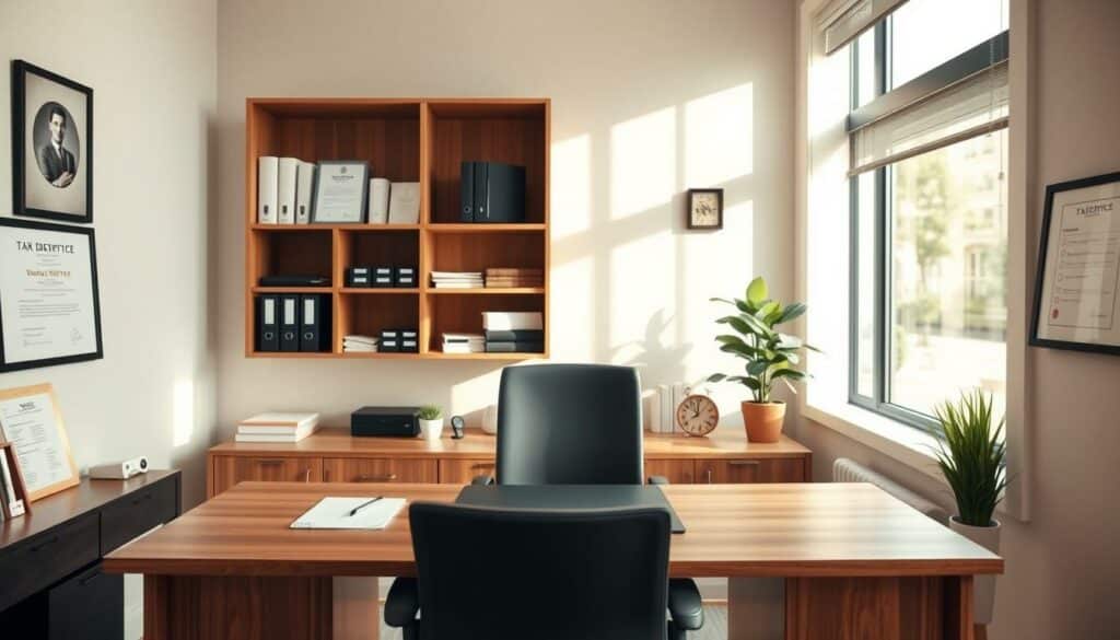 A modern office space with a spacious wooden desk and ergonomic chair in the foreground. Behind it, shelves displaying various tax-deductible office supplies and documents related to tax-deductible home office expenses. The room is well-lit by a large window, casting a warm, natural glow. The walls are a neutral color, complementing the clean, professional aesthetic. Subtle details like a potted plant and a framed certificate add a sense of sophistication. The overall atmosphere conveys productivity, organization, and a savvy approach to optimizing tax deductions for a home office.