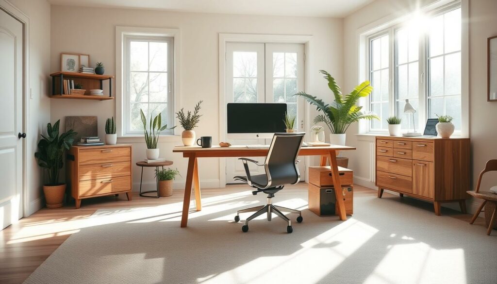A spacious and well-organized home office with a thoughtfully positioned desk. Sunlight streams through large windows, casting a warm glow on the wooden furniture and minimalist decor. The desk is centered in the room, with ample walking space on all sides and a clear path to the door. Ergonomic office chair, potted plants, and a sleek monitor setup create a productive and aesthetically pleasing workspace. The background features neutral-toned walls and a subtle, calming pattern on the floor. The overall atmosphere is one of focus, tranquility, and attention to detail in desk placement.
