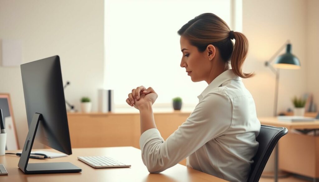 A stylish and modern office setting with a person sitting at a desk, intently focused on their work. The lighting is soft and natural, creating a warm, productive atmosphere. The person's posture suggests recovery and rehabilitation, as they gently flex their wrist and hand, demonstrating their increased range of motion and ability to perform their job tasks comfortably after a successful carpal tunnel surgery. The background features minimalist decor, clean lines, and a sense of professionalism, underscoring the individual's gradual return to their office-based career. The overall scene conveys a sense of progress, healing, and the successful reintegration into the workplace following a carpal tunnel procedure.