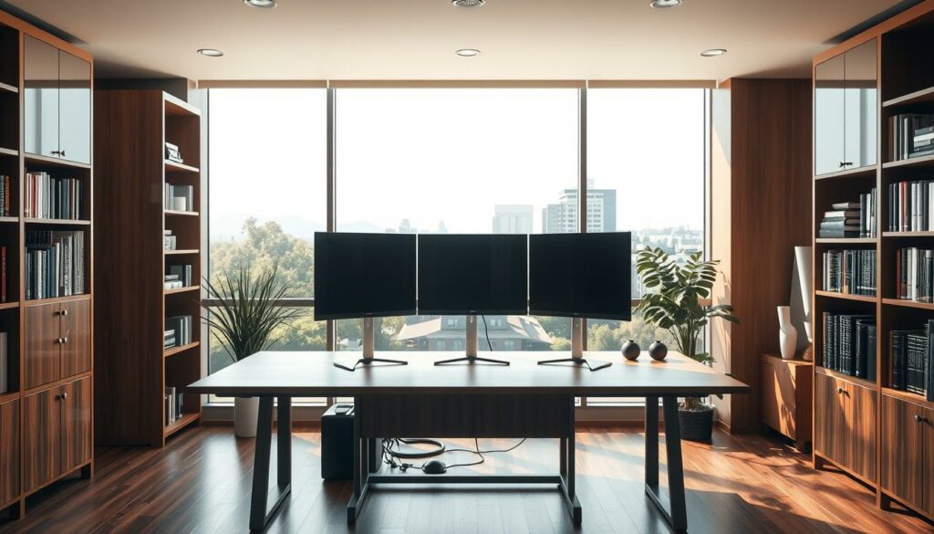 A well-lit, contemporary office space with a large, sturdy wooden desk featuring multiple high-resolution computer monitors arranged in an ergonomic, tiered layout. The desk is positioned in the middle ground, framed by tall, tasteful bookshelves on either side and floor-to-ceiling windows overlooking a scenic, tree-lined urban vista in the background. Bright, indirect lighting illuminates the scene, creating a professional, productive atmosphere. The overall composition emphasizes the practical, spacious nature of a multi-monitor workstation setup, suitable for detailed, focused work.