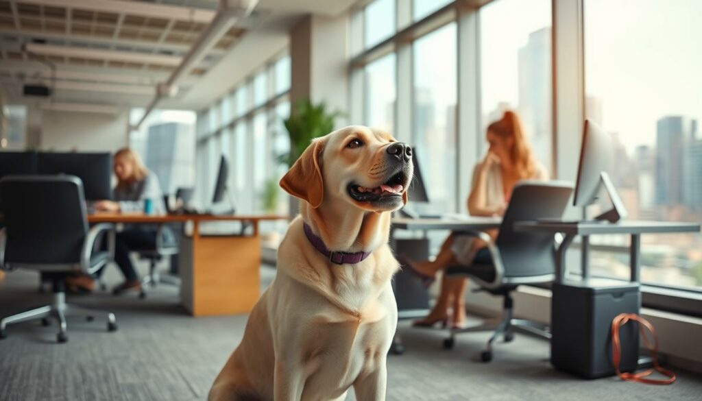 A well-lit office interior, with a large window overlooking a bustling city skyline. In the foreground, a playful and energetic Labrador retriever sits patiently next to a desk, gazing up at its owner with a warm, friendly expression. The dog's presence creates a sense of comfort and relaxation, as employees work diligently at their computers, occasionally glancing over to enjoy the canine's calming influence. Soft, natural light floods the space, highlighting the dog's glossy coat and the employees' focused expressions. The overall atmosphere conveys the benefits of having a dog in the workplace - reduced stress, increased productivity, and a more positive work environment.