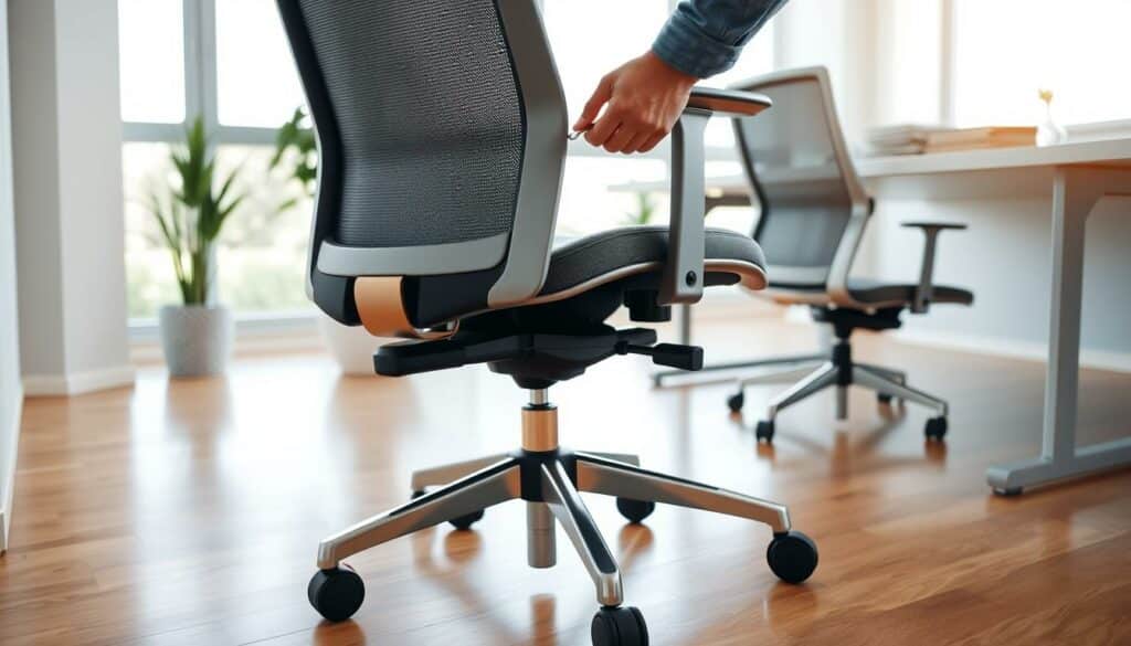 A well-maintained office chair in a bright, modern workspace. In the foreground, a person's hands carefully adjusting the pneumatic controls, tightening the seat and backrest. In the middle ground, the chair's casters roll smoothly across the pristine hardwood floor. The background features a minimalist desk, a potted plant, and natural light streaming through large windows, creating a calm, professional atmosphere. The overall scene conveys a sense of care and attention to detail in the proper upkeep of an essential office furnishing.