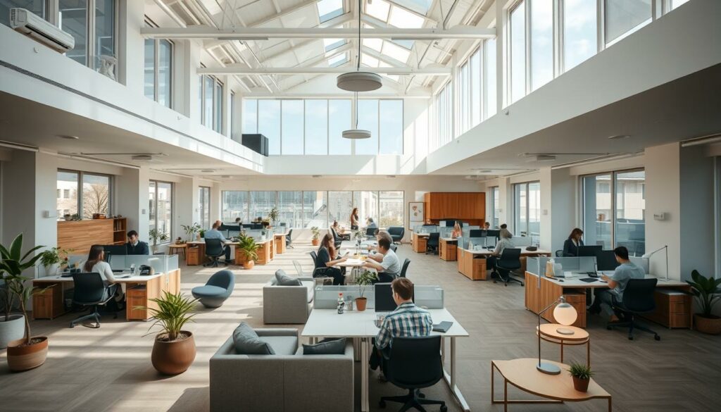 High-ceilinged, sun-drenched open-plan office space with flexible workstations and seating arrangements. Minimalist, Scandinavian-inspired decor with wooden accents, potted plants, and ample natural light streaming through large windows. Collaborative areas with comfy lounge chairs and standing desks interspersed among individual workspaces. Employees engaged in focused work, casual conversations, and impromptu meetings, creating a dynamic, productive atmosphere. Soft, diffused lighting from overhead fixtures and floor lamps, complementing the airy, modern aesthetic. Wide-angle, eye-level view capturing the harmonious blend of private and communal zones within the adaptable, ergonomic layout.