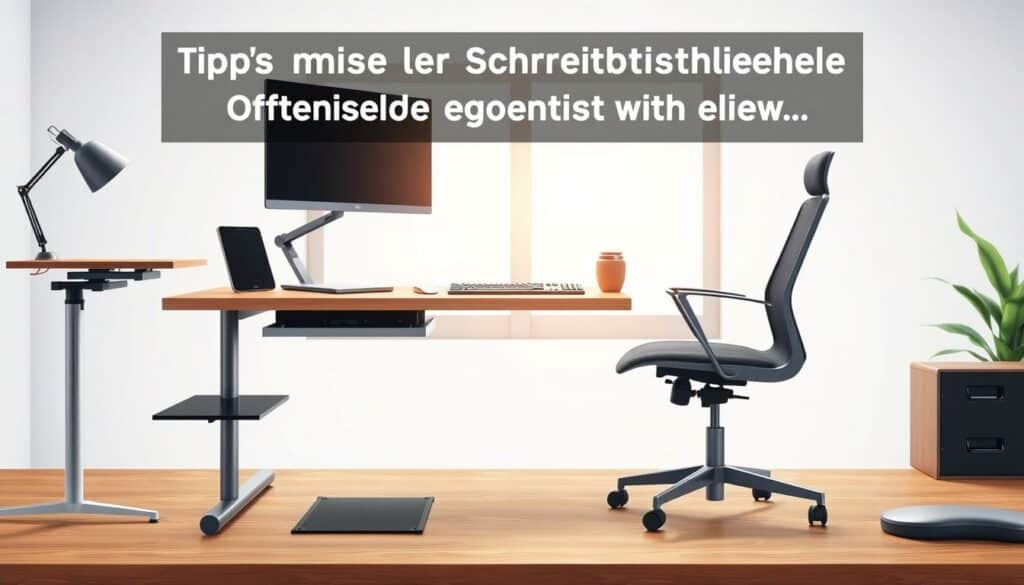 a highly detailed, photorealistic illustration of various ergonomic office accessories and tools for optimizing desk height and posture, including an adjustable desk, a monitor riser, a keyboard tray, a desk pad, a foot rest, and a swivel chair, all arranged neatly on a wooden surface in a bright, minimalist office setting with soft, diffused lighting from a large window in the background, creating a clean, professional, and inviting atmosphere that effectively illustrates the "Tipps zur Anpassung der Schreibtischhöhe" section of the article "Optimale Schreibtischhöhe: Wie hoch sollte er sein?"